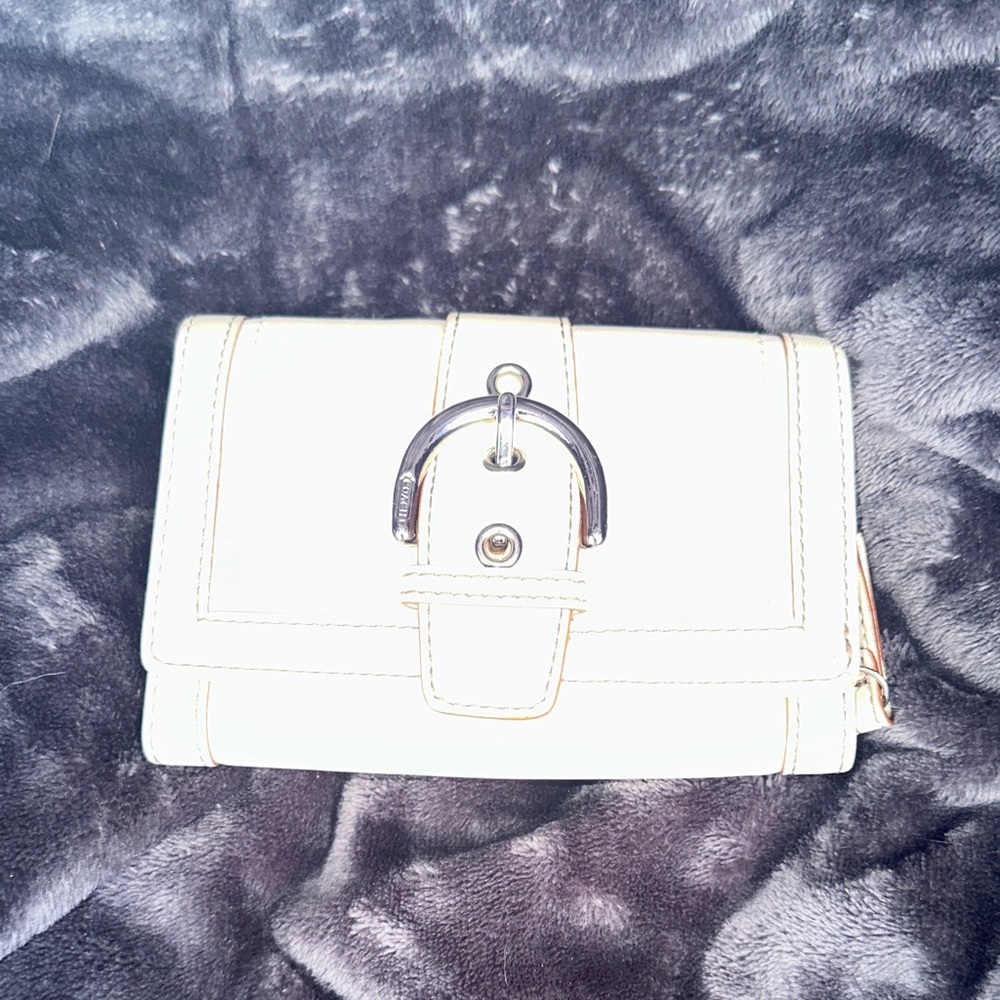 Coach large white leather wallet with silver buckle detail